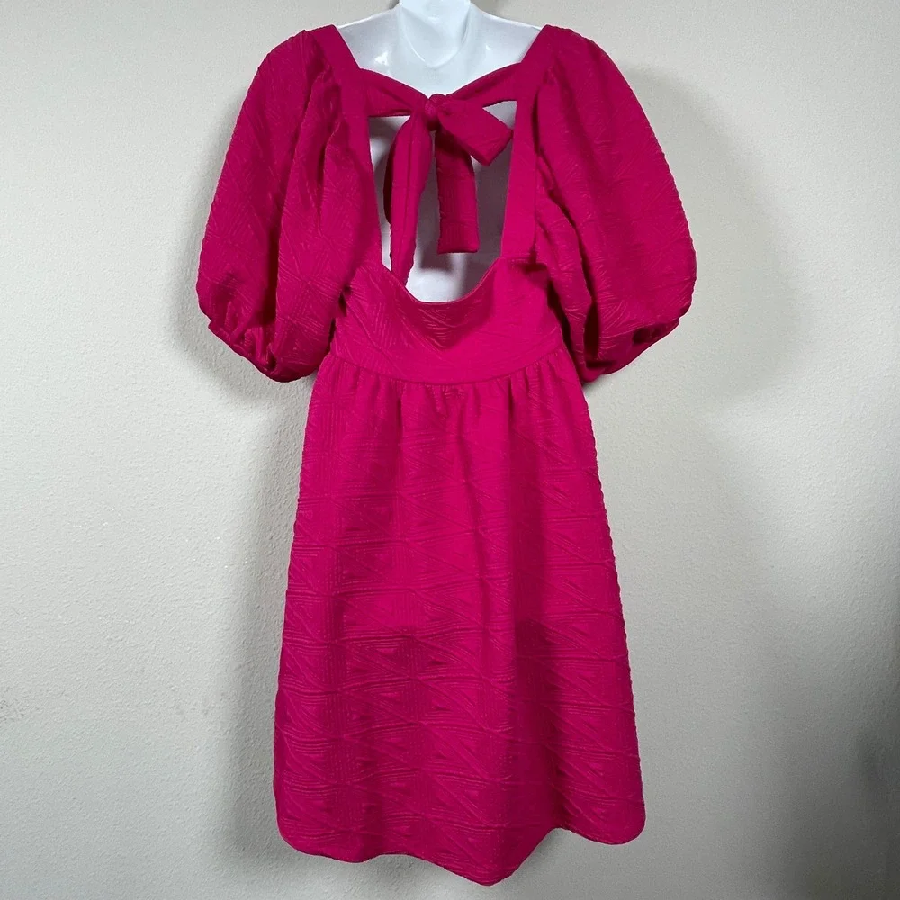 Free People Babydoll Dress Womens Medium Pink Barbiecore Puff‎ Sleeve Open Back